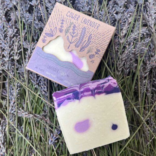 lavender soap displayed both boxed and unboxed on a background of fresh lavender
