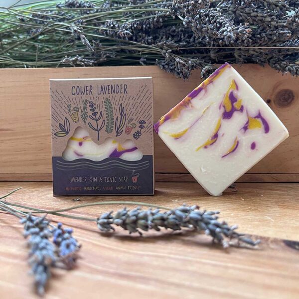 lavender gin and tonic lavender soap, shown boxed and unboxed on a wooden table