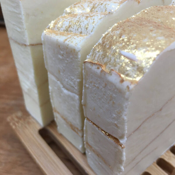A close up of the sparkling top of the Gold Frankincense and Lavender soap