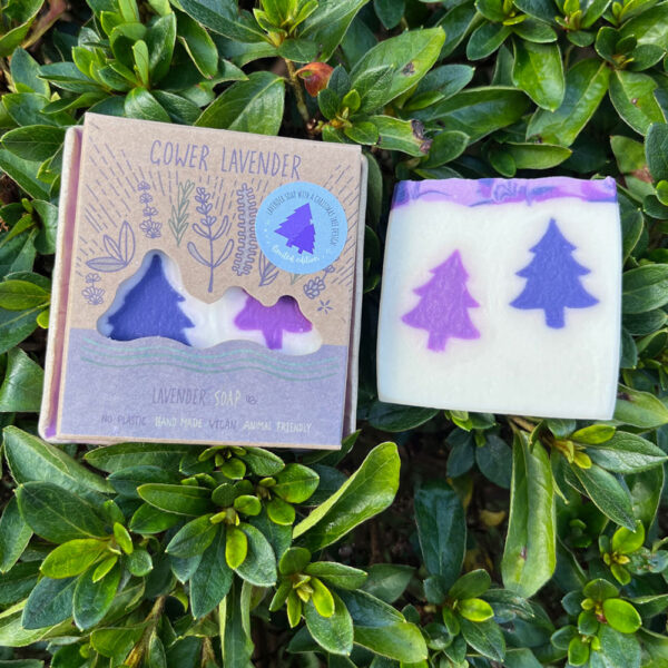 Two Lavender Christmas Tree soaps, one in a pretty box, with dark green foliage in the background