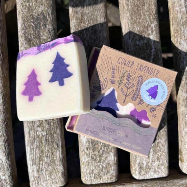 Two bars of Christmas lavender soap featuring a purple Christmas Tree design