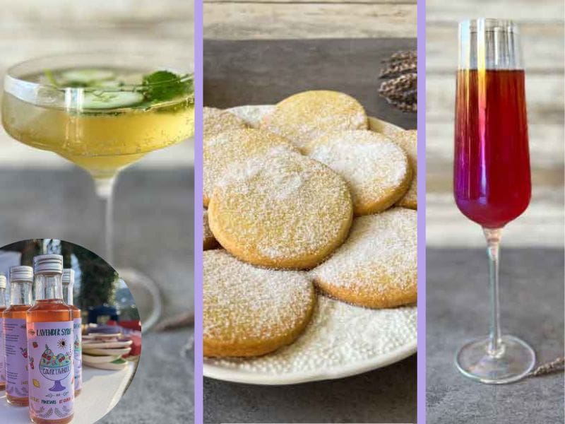 A cocktail, a mocktail and lavender orange biscuits, all made with our beautiful Gower Lavender Syrup