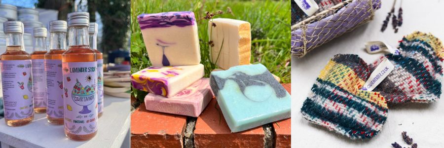 A selection of lavender soaps, syrup and Welsh blanket lavender hearts