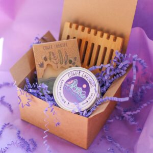 Father's Day Gift Set in a cardboard box which includes a lavender beer soap, a large pot of lavender and neroli hand cream in an aluminium tin, and a wooden soap dish
