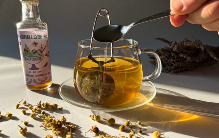 A glass mug with a chamomile tea infuser, on a table top with a bottle of Gower Lavender syrup and some dried chamomile flowers, with the sunshine making patterns on the table through the mug of tea